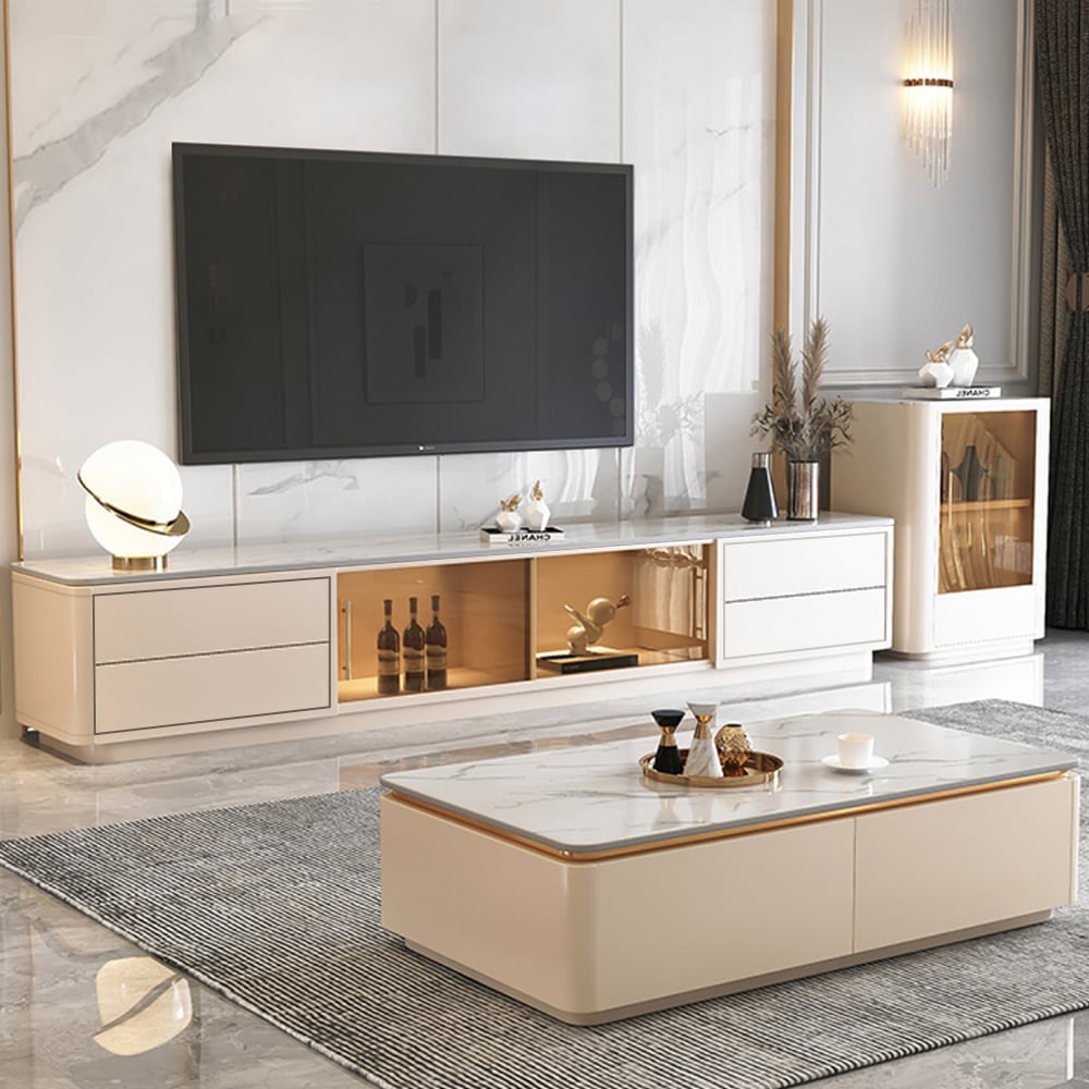 TV Stand Sintered Stone Top 4-Drawer Glass Doors Media Console in Small White