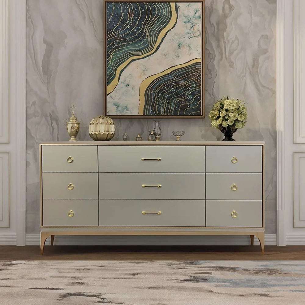 Contemporary 9-Drawer Champagne Bedroom Dresser for Storage in Gold Metal & MDF & Solid Wood & Brass