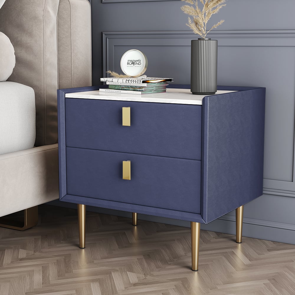 Modern Nightstand with 2 Drawers PU Leather Nightstand with Glod Legs Blue