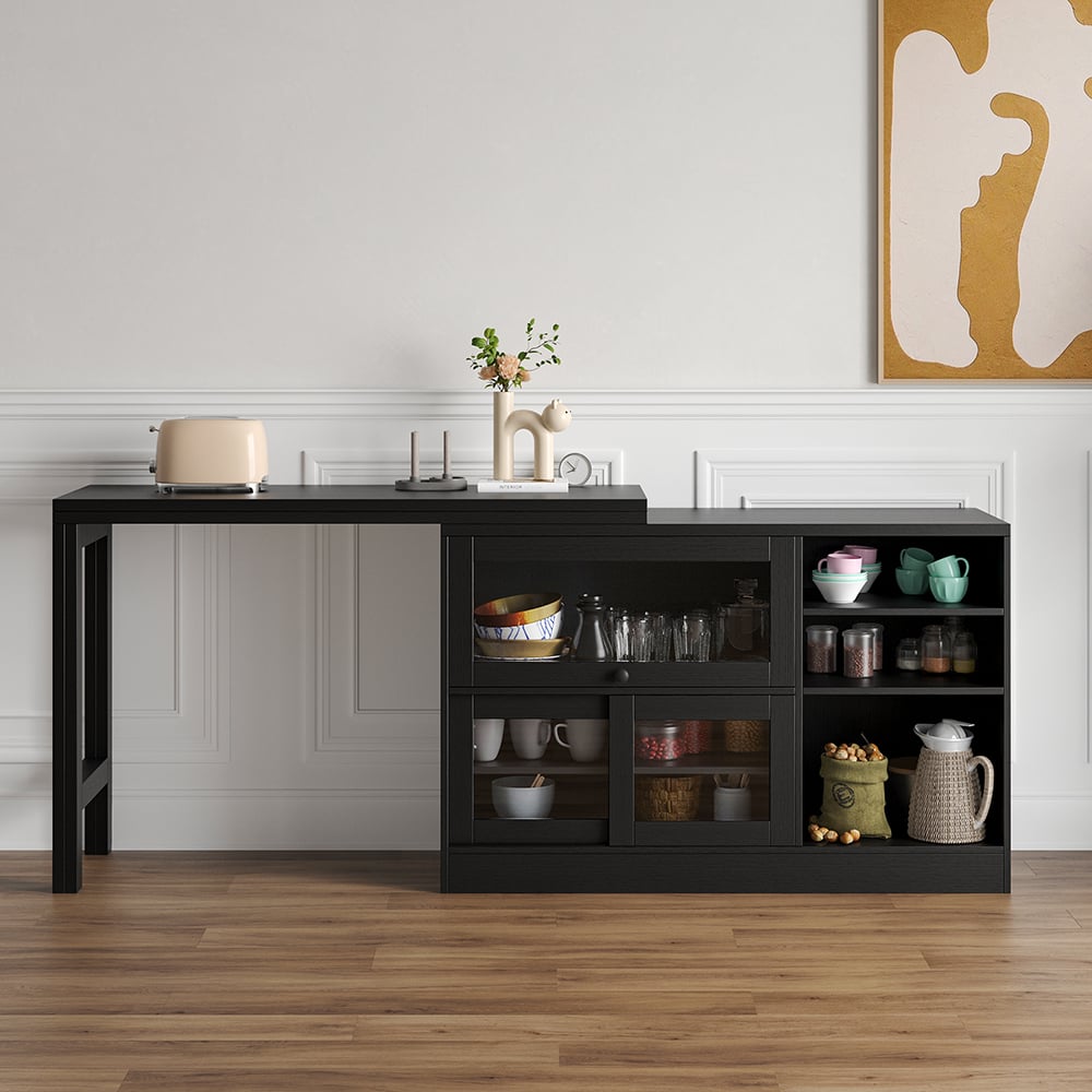 Storage Sideboard Cabinet Extendable Wood Buffet Foldable Dining Table Black