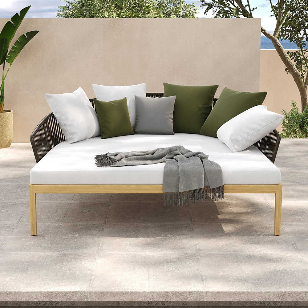 Modern Style Rattan Outdoor Daybed with Cushion Pillow in White White & Coffee