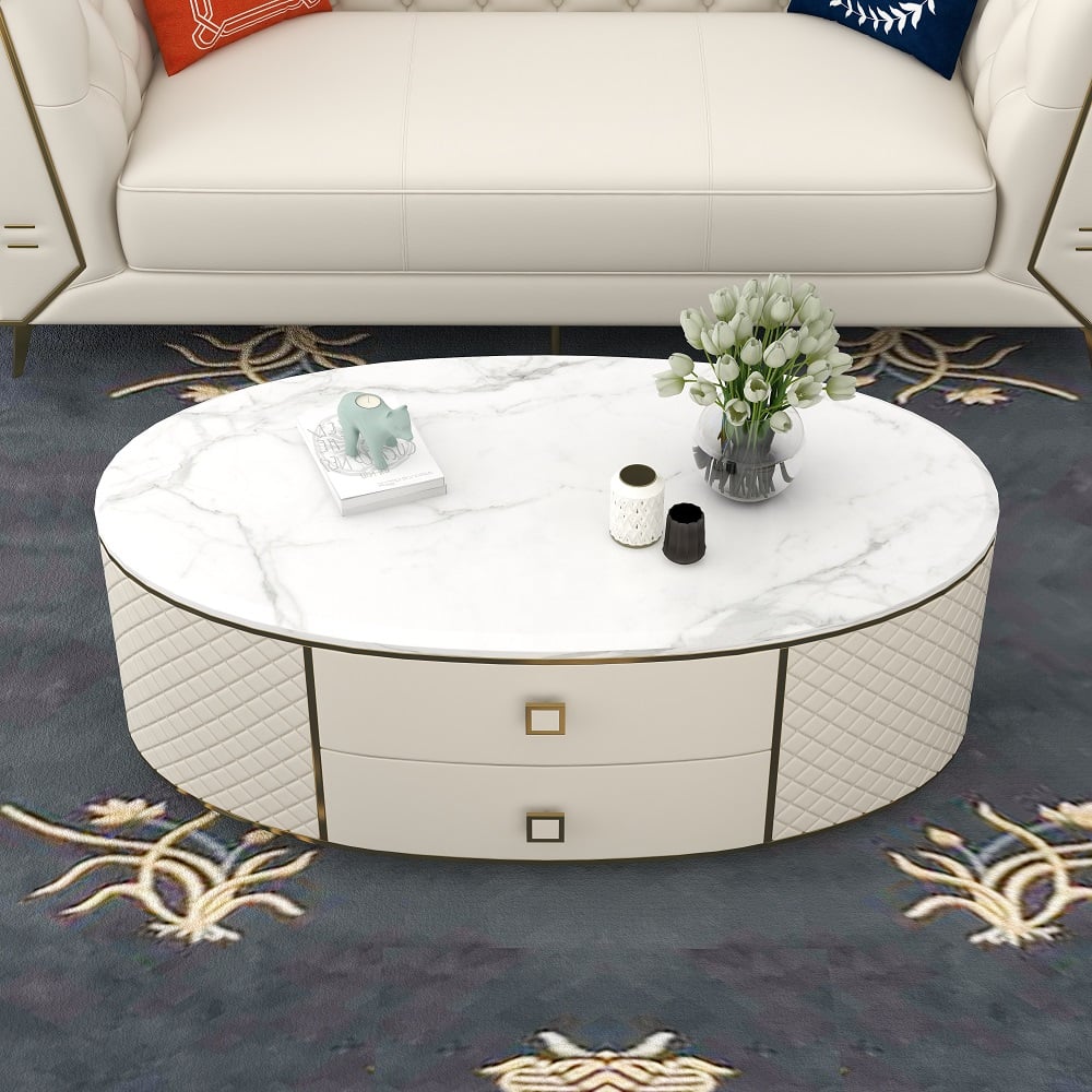 Orand White Oval Sintered Stone Top Coffee Table with 2 Drawers White