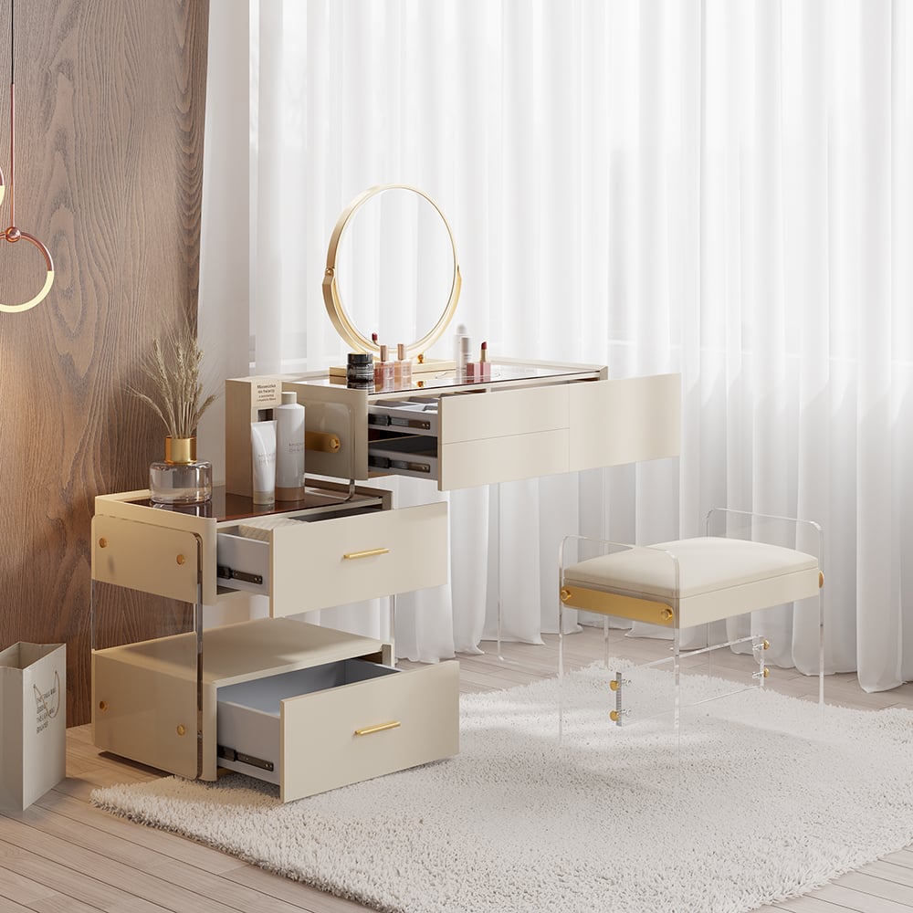 Modern Makeup Vanity with Tempered Glass Top and Stool Off-White