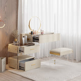 Modern Makeup Vanity with Tempered Glass Top and Stool Off-White