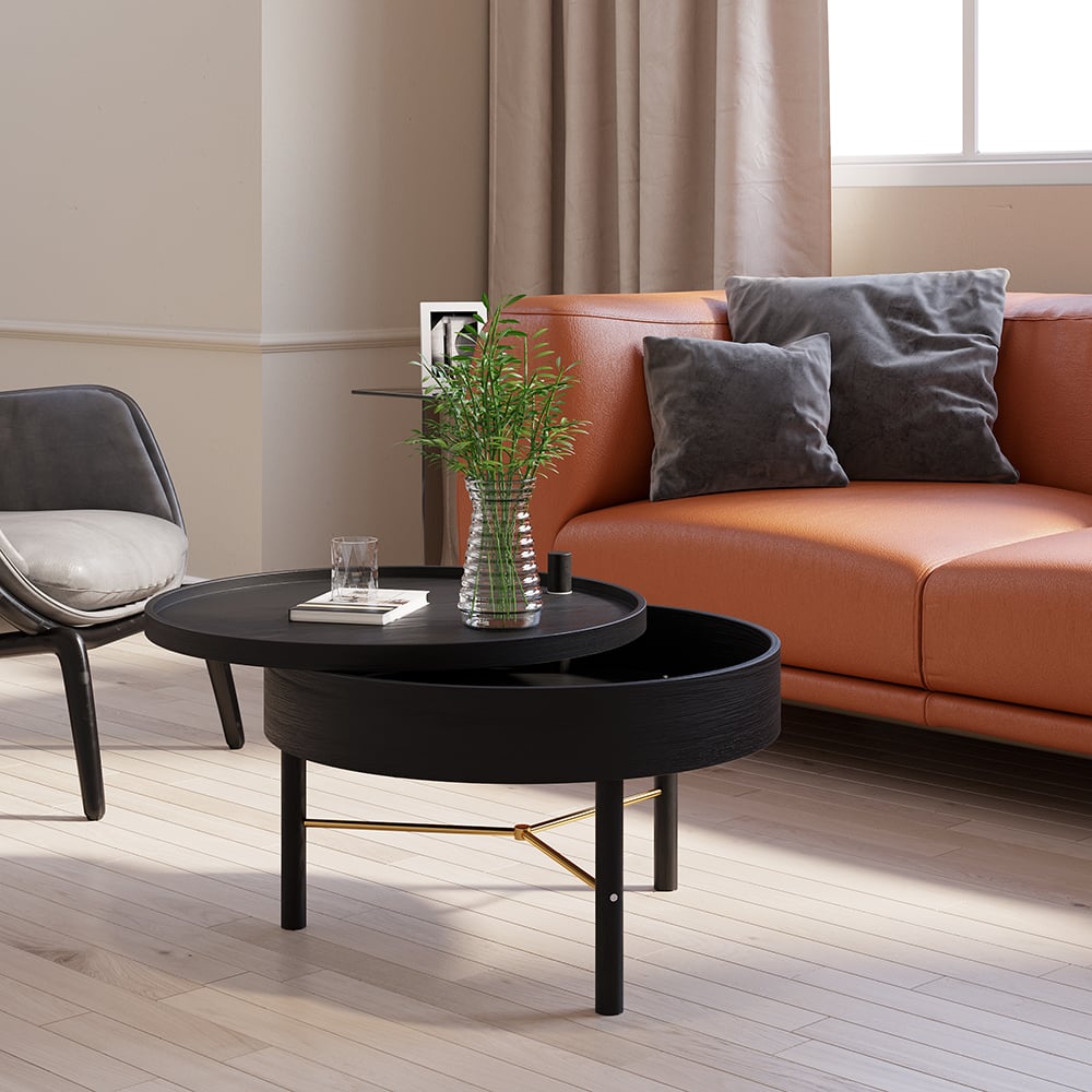 Modern Round Wood Rotating Tray Coffee Table with Storage & Metal Legs Black