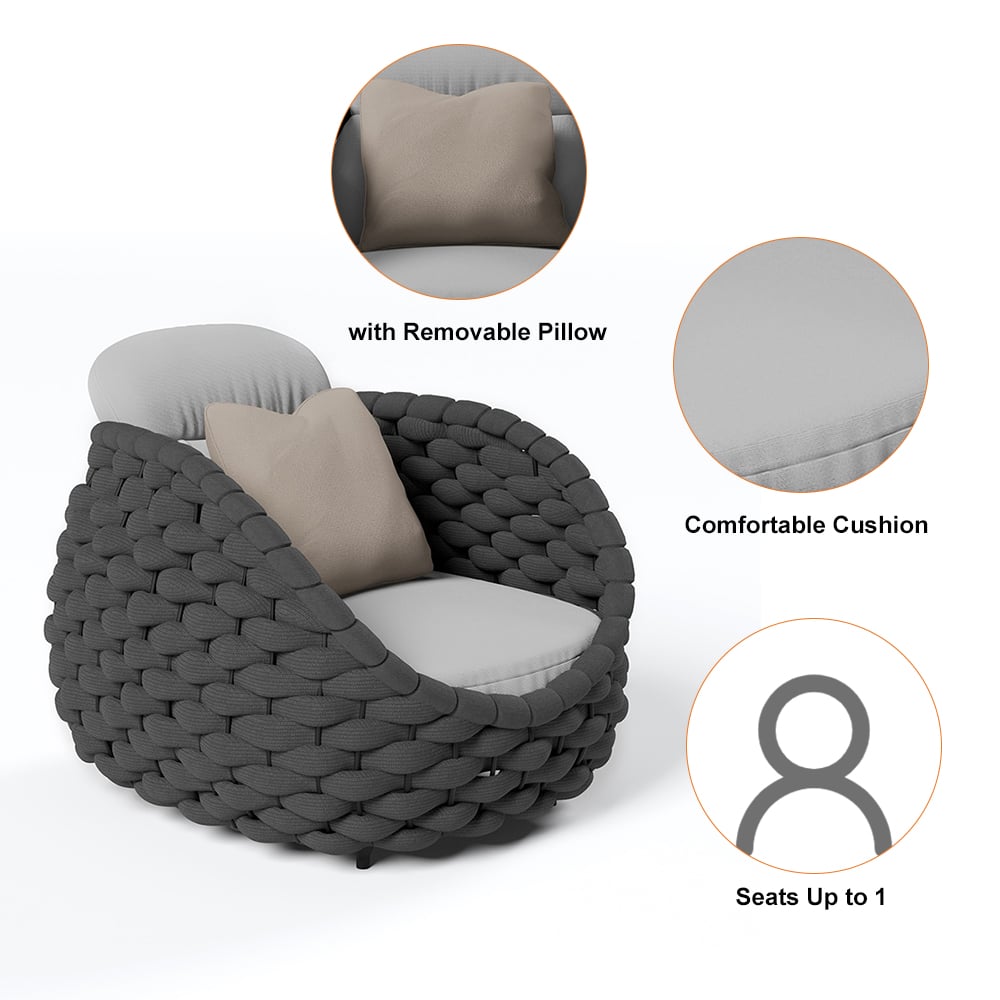 Tatta Modern Outdoor Swivel Chair 360 Degree Rotatable Gray Woven Rope Armchair Sofa Gray & Black