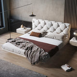 Modern King Floating Bed with Microfiber Upholstery Tufted Headboard in White White