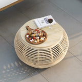 31.5" Boho Natural Round Patio Rattan Coffee Table with Wood-Top Beige