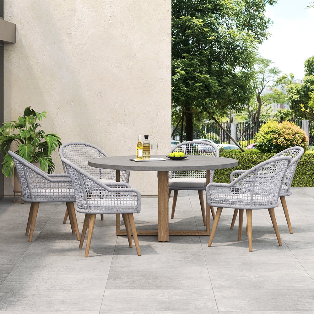 7 Pieces Teak Round Outdoor Concrete Dining Set with Gray Table Woven Armchair 6-Person Concrete Gray