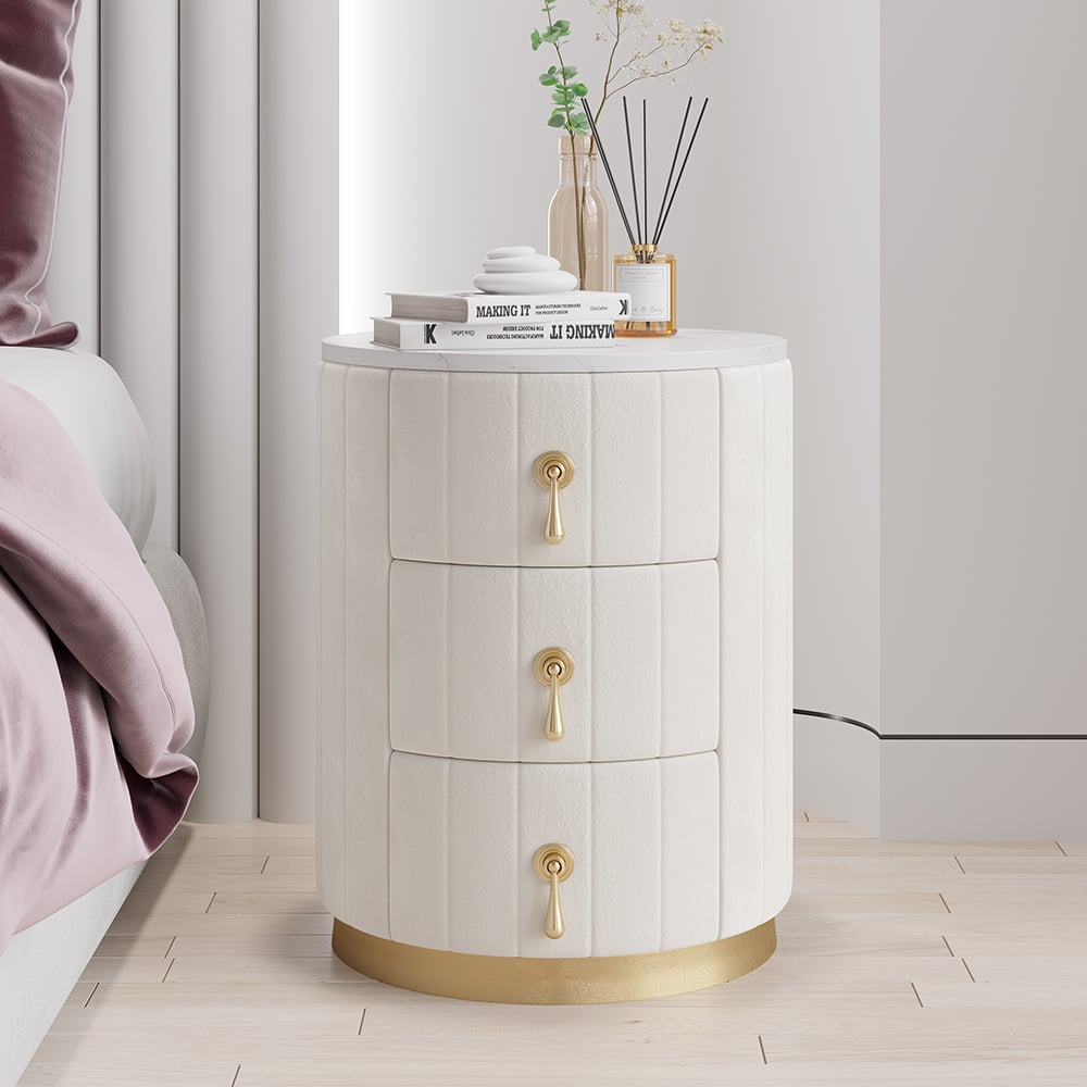 Modern Velvet Nightstand with Storage Sintered Stone Top Round Nightstand with 3 Drawers White