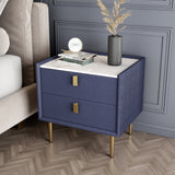 Modern Nightstand with 2 Drawers PU Leather Nightstand with Glod Legs Blue