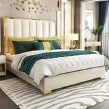 Platform Bed White Upholstered Faux Leather Bed with Gold Legs White