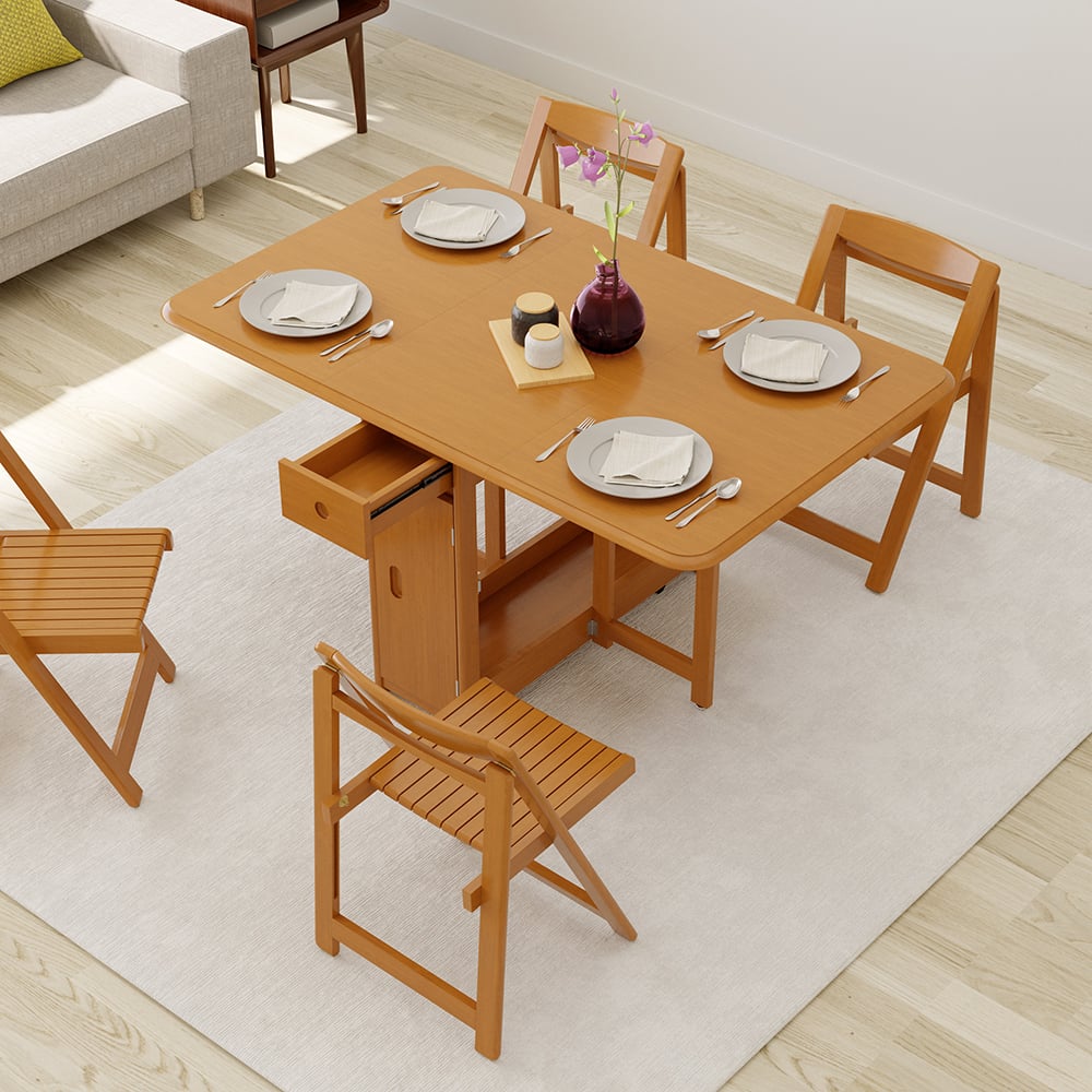 Modern Solid Wood Folding 5 Piece Dining Table Set for 4 Natural