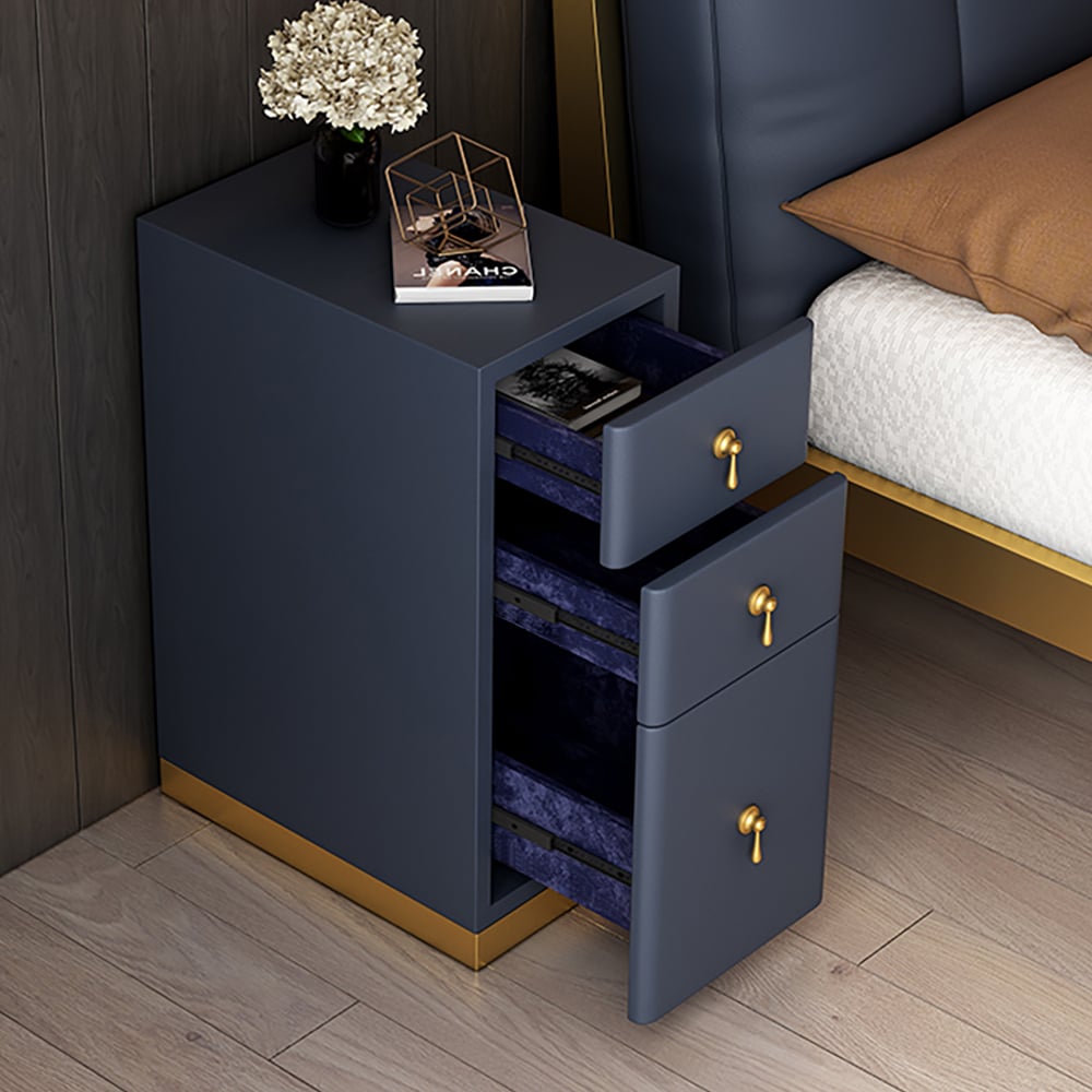 3-Drawer Modern Nightstand Narrow Bedside Table with Faux Leather Upholstery Blue