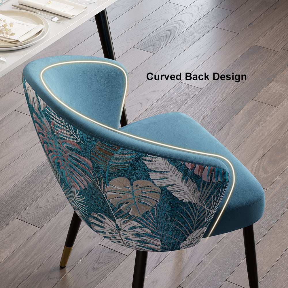 Upholstered Velvet Dining Chair Curved Back Modern Arm Chair Blue