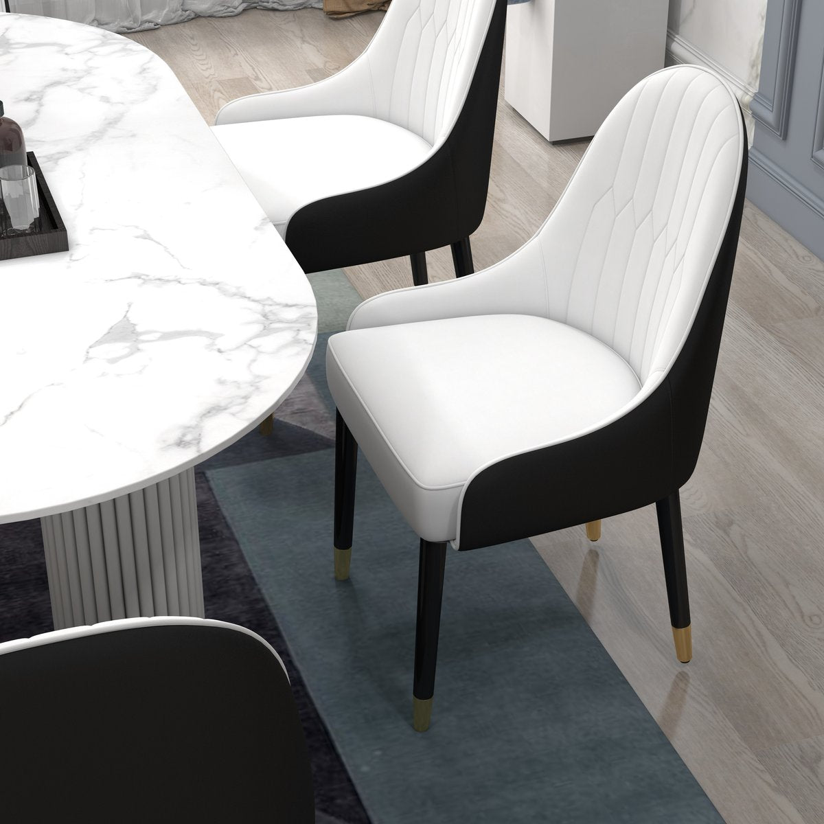 Modern PU Leather (Set of 2) Dining Chairs with Metal Legs White & Black