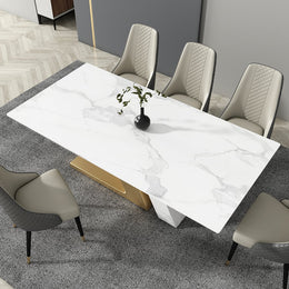 Luxury White Dining Table with Sintered Stone Steel Base Golden 63"W x 35.4"D x 29.5"H