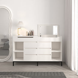 8 Drawer Modern White Double Dresser Wide Cabinet with Flip-Top Mirror & Shelves White