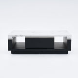 Modern Marble Coffee Table Black & White with Storage & Drawers in Wood White