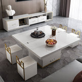 White Modern Lift Top Coffee Table Set with Storage & Stools Extendable Accent Table White