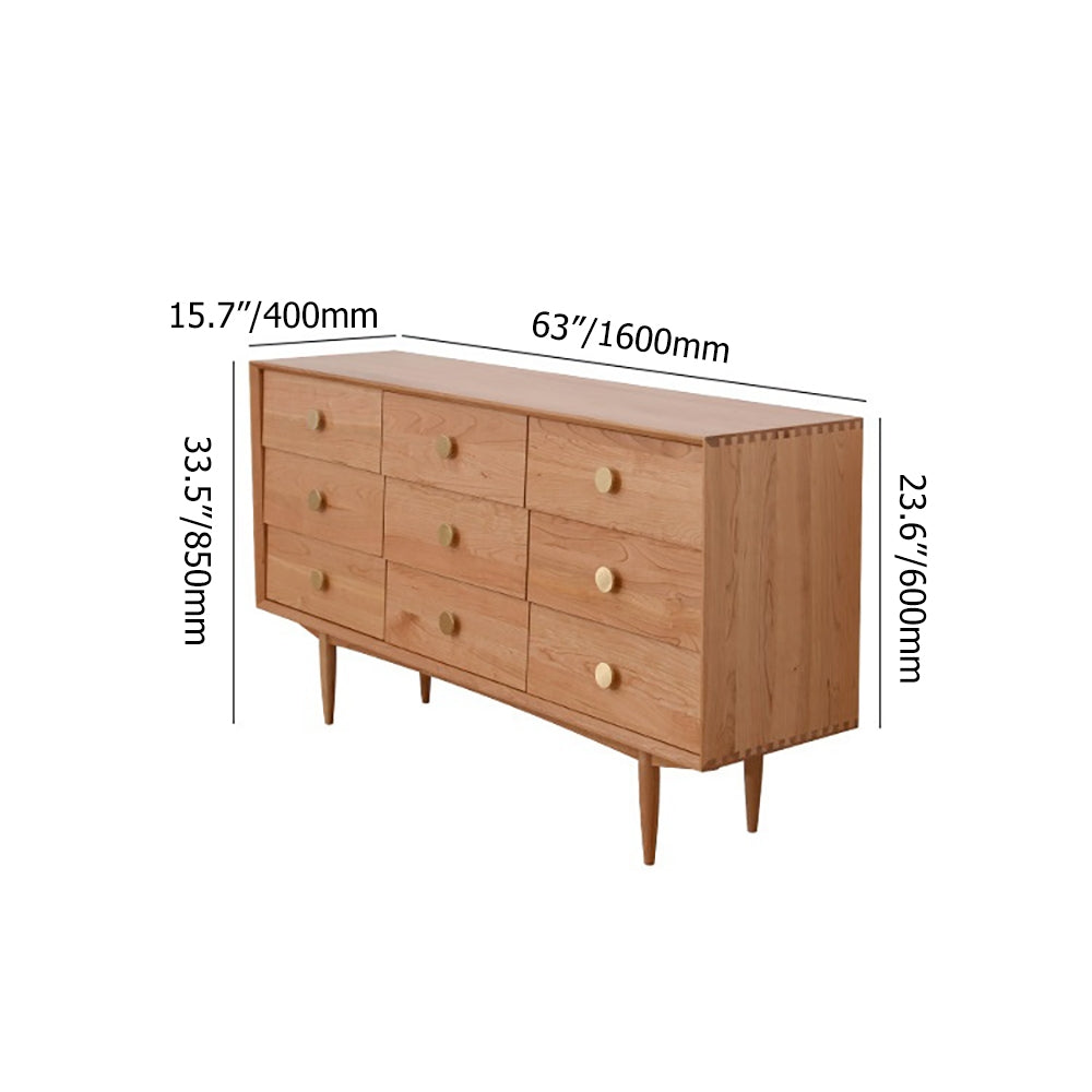 Rustic Bedroom Dresser with 9 Drawers Wooden Chest of Drawers with Gold Knobs Cherry