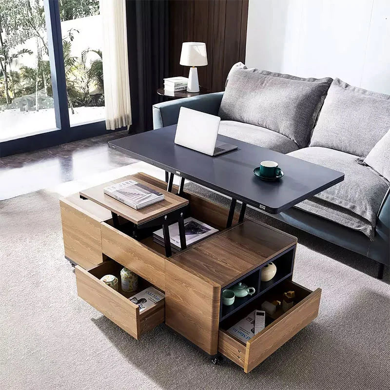 Modern Lift Top Coffee Table Multi Functional Table with Drawers & Shelves & Upholstered Stool Table Only