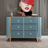 Solid Wood 6 Drawer Dresser Cabinet with Faux Marble Top and Gold Petal Pulls Blue