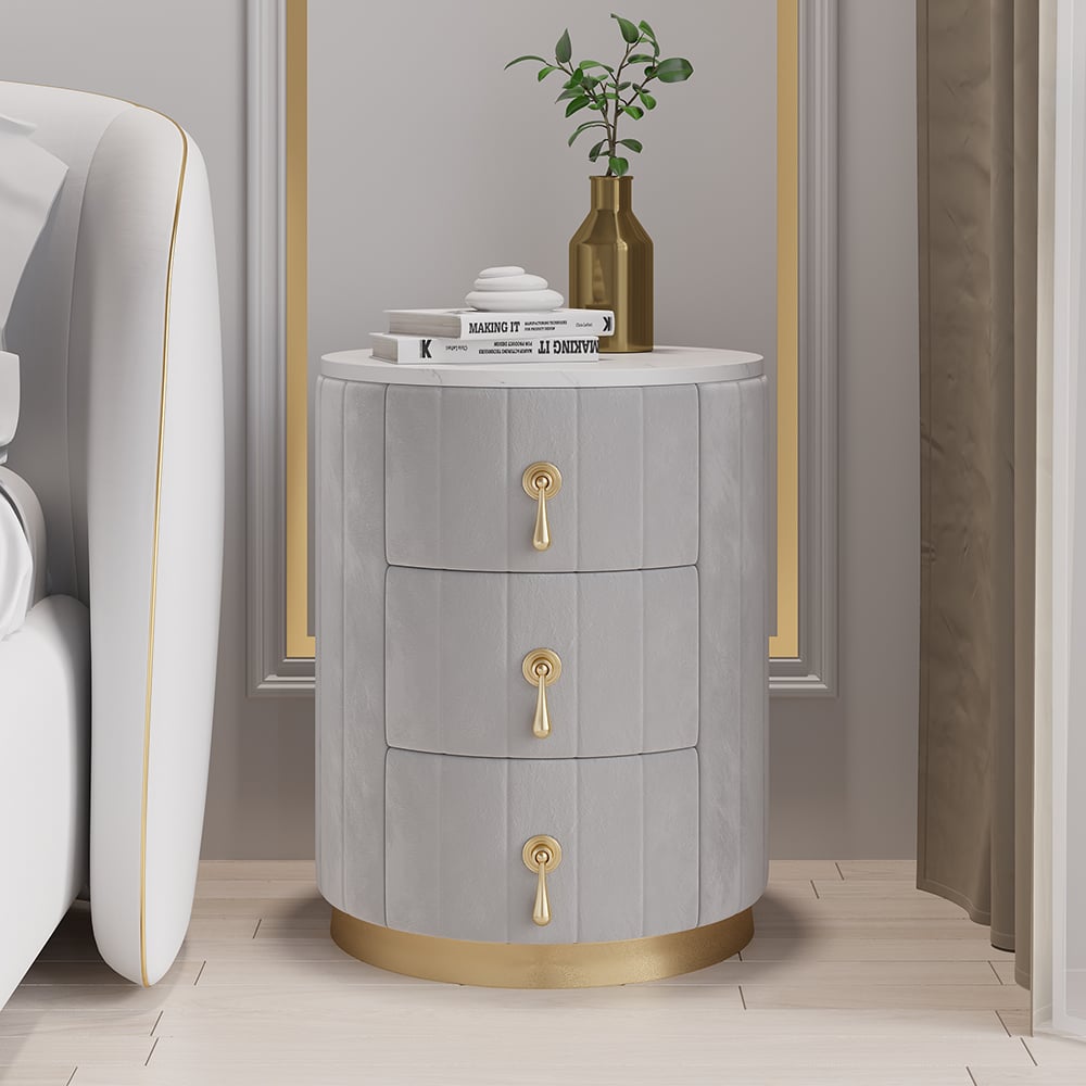 Modern Velvet Nightstand with Storage Sintered Stone Top Round Nightstand with 3 Drawers Gray