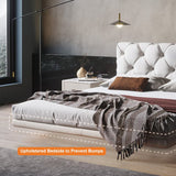 Modern King Floating Bed with Microfiber Upholstery Tufted Headboard in White White