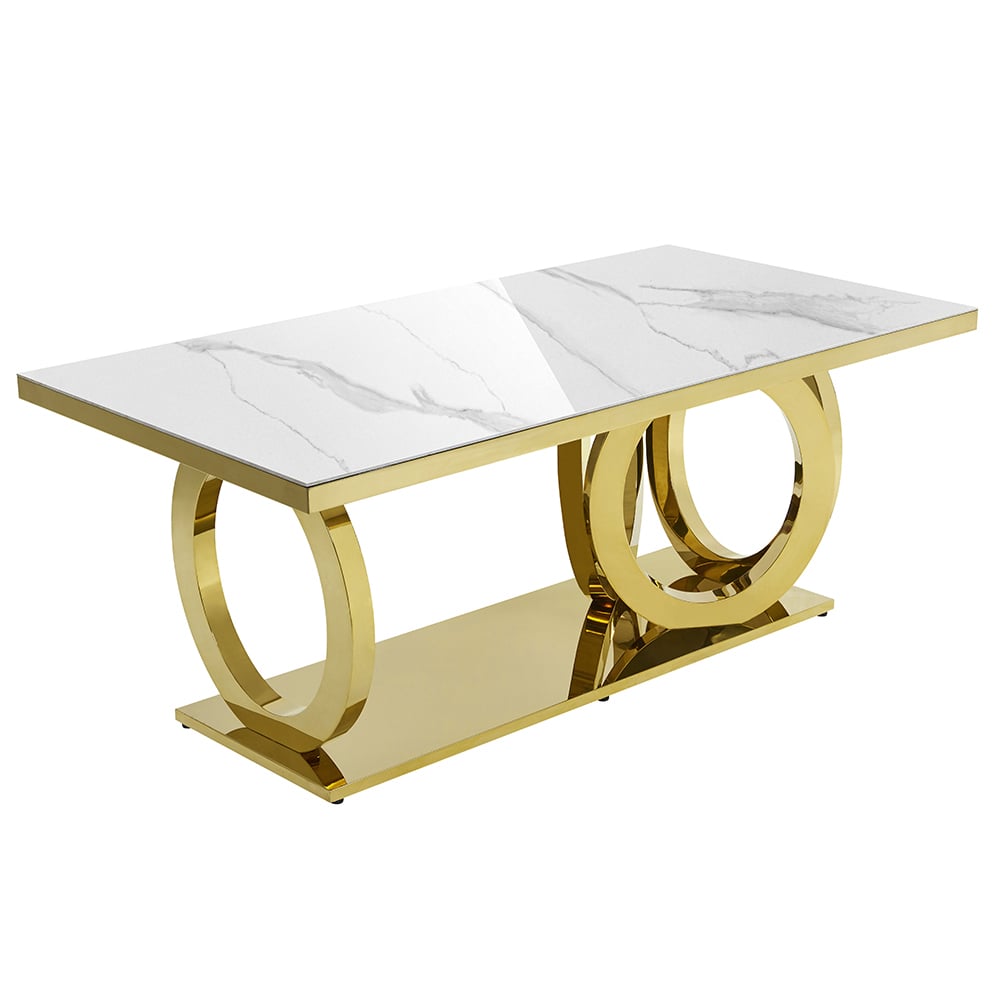 Modern Rectangle White Dining Table Sintered Stone Top Stainless Steel Base in Gold Gold