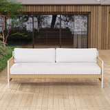 Ropipe Woven Rope Outdoor Sofa 3-Seater Sofa with White Polyester Pillow Cushion White;Khaki