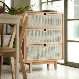 Carled Mid Century Modern Natural 3 Drawers Chest Rattan Woven 27.6"W x 15.7"D x 35.4"H
