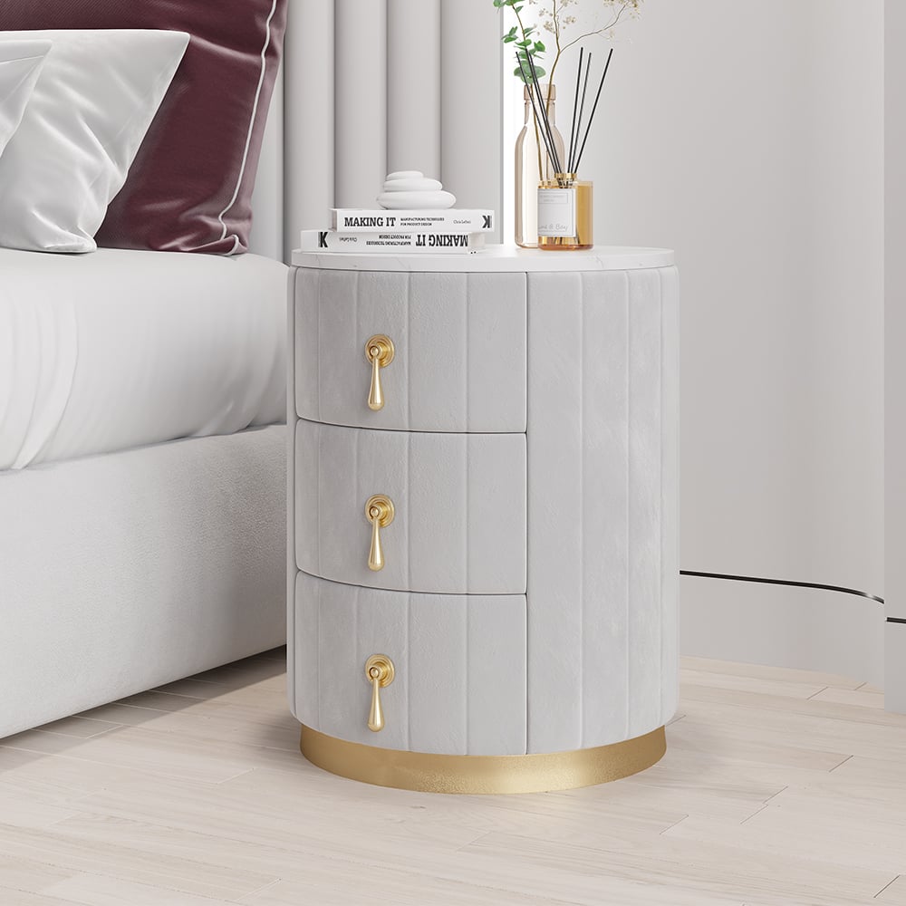 Modern Velvet Nightstand with Storage Sintered Stone Top Round Nightstand with 3 Drawers Gray