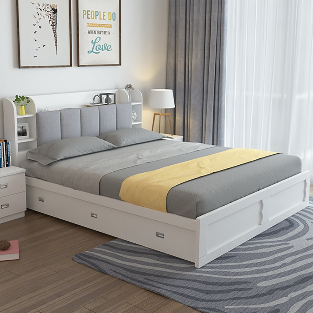 Modern White Storage Queen Bed Low Profile Queen Bed with 3 Drawers White