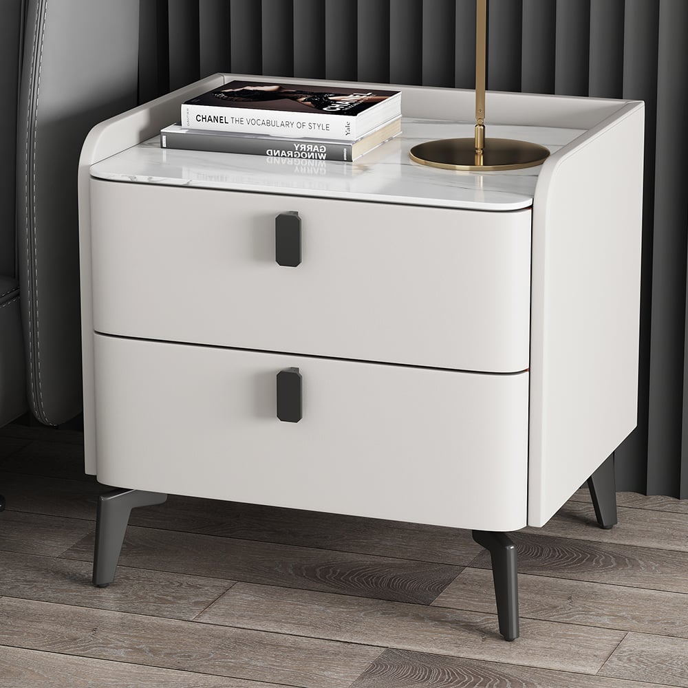 Modern Luxury 2 Drawers Bedroom Nightstand Sintered Stone Bedside Table White