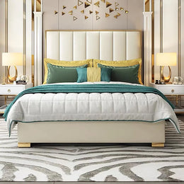 Luxury White Upholstered Faux Leather Platform Bed with Solid Wood Frame and Gold Legs White