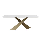 White Sintered Stone Top Rectangle Modern Dining Table Antique Brass X-Base 63"L x 31.5"W x 29.5"H