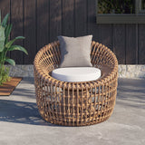 Austen Rattan Outdoor Barrel Chair Nest Shape Sidechair with Cushion in Brown Brown