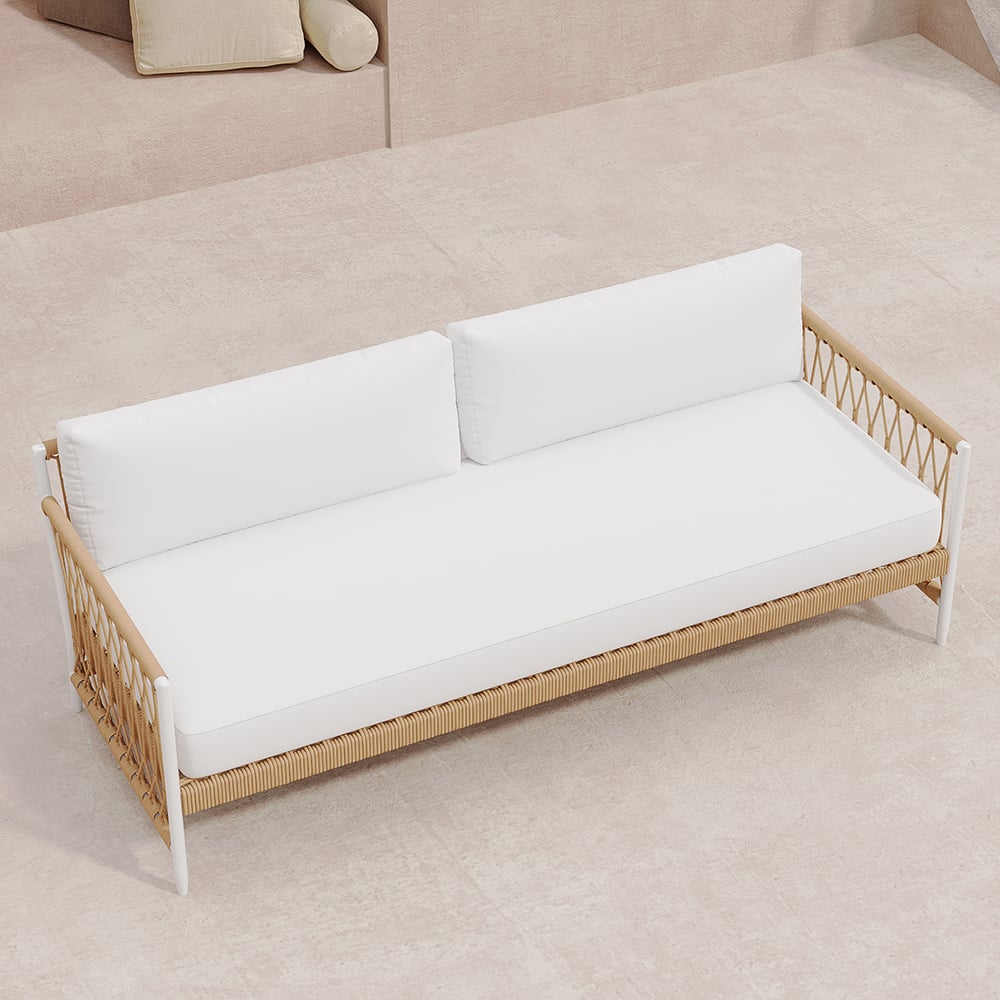 Ropipe Woven Rope Outdoor Sofa 3-Seater Sofa with White Polyester Pillow Cushion White;Khaki