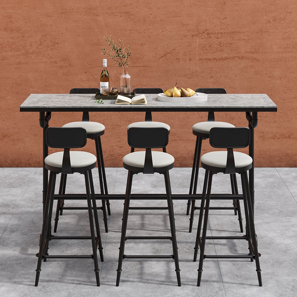 7 Pieces Industrial Metal Outdoor Patio Bar Dining Set with Rectangle Table and Chairs Gray & Black