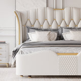 Modern Upholstered Tufted Bed with Wingback Headboard Off-White