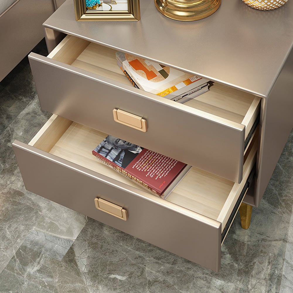 Modern Nightstand 2-Drawer Bedside Table in Gold Finish Champagne