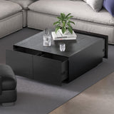 Japandi Square Coffee Table with 4 Drawers Storage & Wooden Pedestal Black