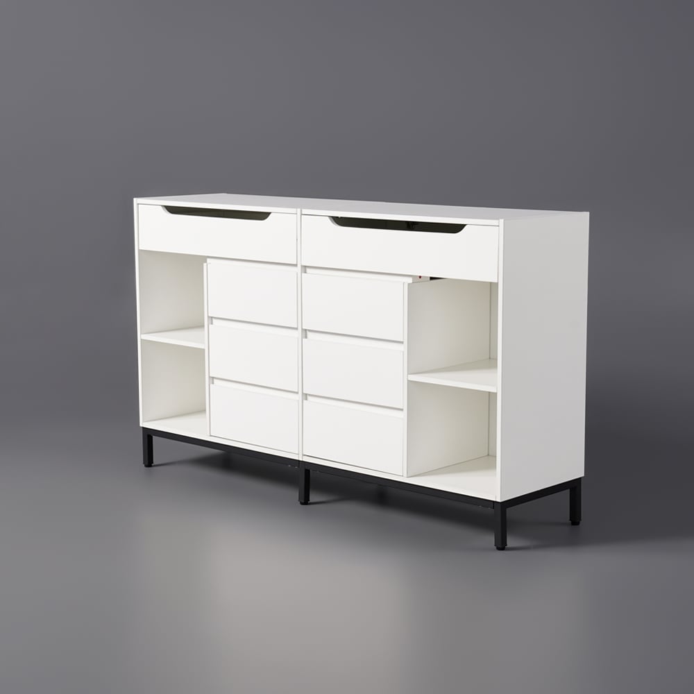 8 Drawer Modern White Double Dresser Wide Cabinet with Flip-Top Mirror & Shelves White