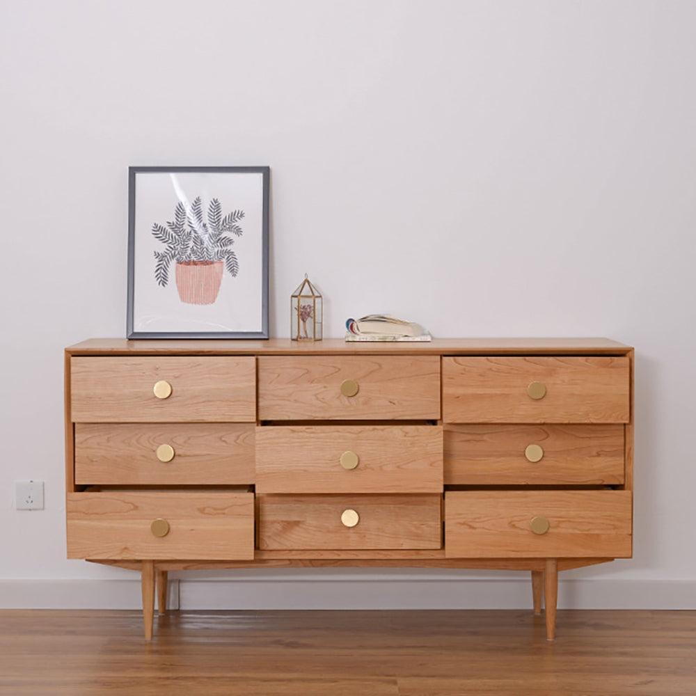 Rustic Bedroom Dresser with 9 Drawers Wooden Chest of Drawers with Gold Knobs Cherry
