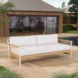 Ropipe Woven Rope Outdoor Sofa 3-Seater Sofa with White Polyester Pillow Cushion White;Khaki