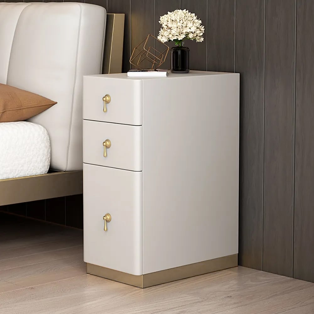 3-Drawer Modern Nightstand Narrow Bedside Table with Faux Leather Upholstery Off-White