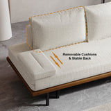 Mid Century Modern Pull Out Sofa Bed Wood Convertible Sleeper Sofa Cotton & Linen White
