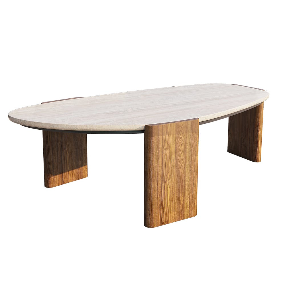 Modern Geometric Beige Outdoor Patio Travertine Coffee Table with Wood Stand in Walnut Walnut