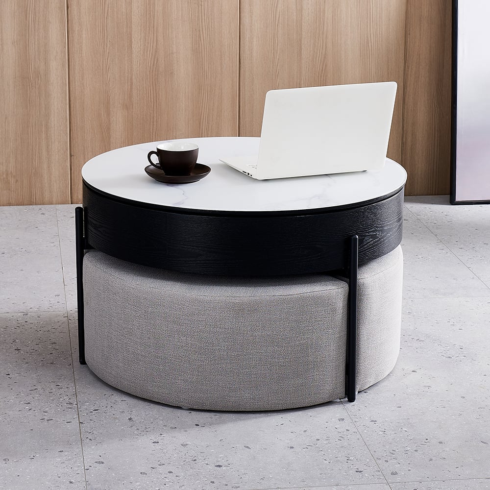 Round Lift-Top Coffee Table with Storage and 3 stool White & Black